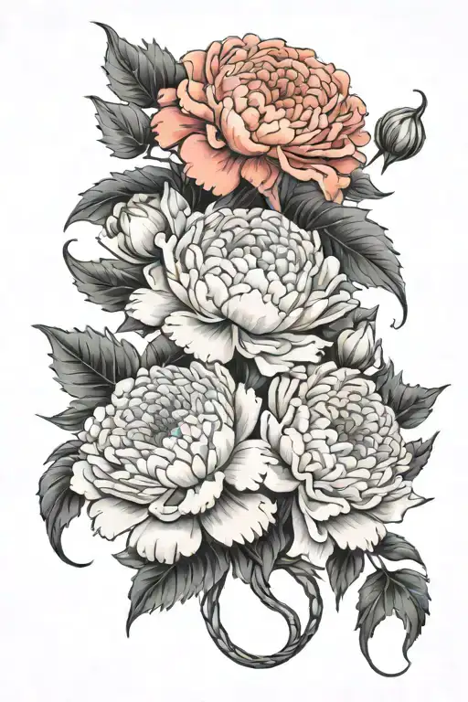 carnation and chrysanthemum tangled together representing the client's love tattoo design idea