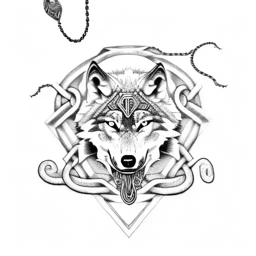 wolf and snake with viking runes and chains around bicep tattoo design idea
