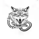 wolf and snake with viking runes and chains around bicep tattoo design idea