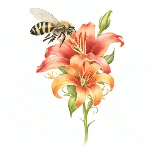 red rose and orange lily intertwined with a honey bee  tattoo design idea
