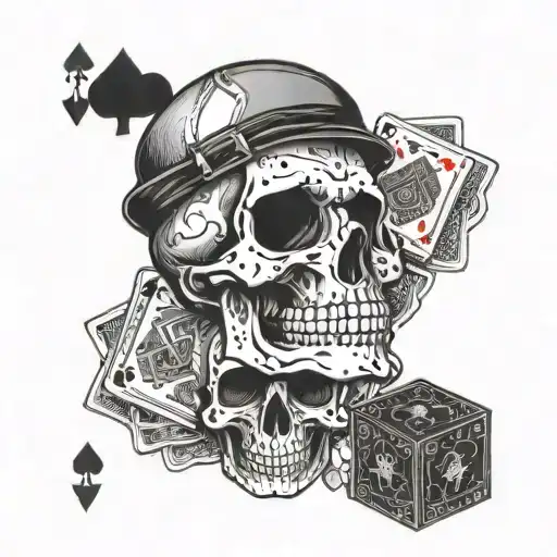 Skull where the eye sockets are filled with a pair of dice and underneath the skull are playing cards spread out like a  tattoo design idea