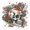 Skull where the eye sockets are filled with a pair of dice and underneath the skull are playing cards spread out like a  tattoo design idea