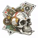 Skull where the eye sockets are filled with a pair of dice and underneath the skull are playing cards spread out like a  tattoo design idea