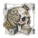Skull where the eye sockets are filled with a pair of dice and underneath the skull are playing cards spread out like a  tattoo design idea