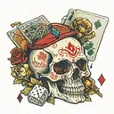 Skull where the eye sockets are filled with a pair of dice and underneath the skull are playing cards spread out like a  tattoo design idea