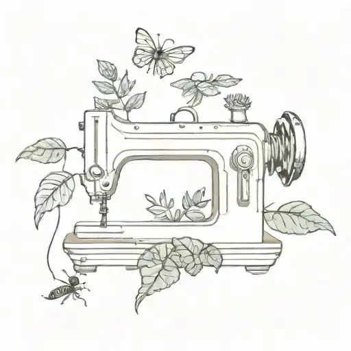 A tattoo of a plant growing out of a vintage sewing machine, with insects crawling around the leaves tattoo design idea
