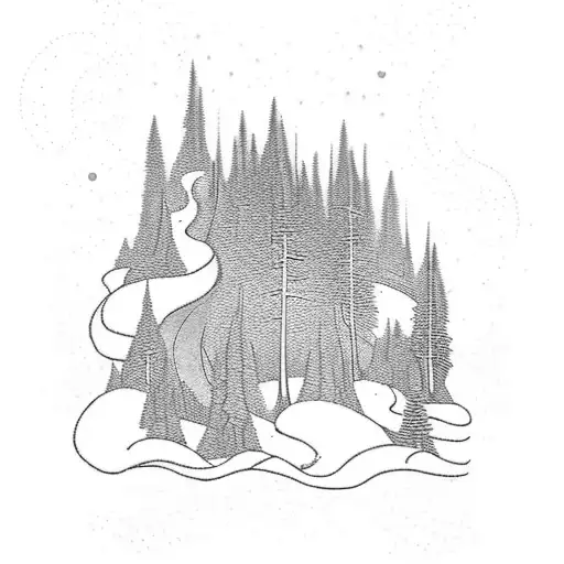 Picture a landscape at the edge of a dense, magical forest, with a shimmering river flowing through it. In this scene, t tattoo design idea