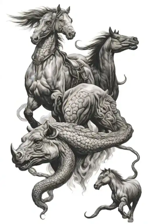 snake and horse and pig   tattoo design idea
