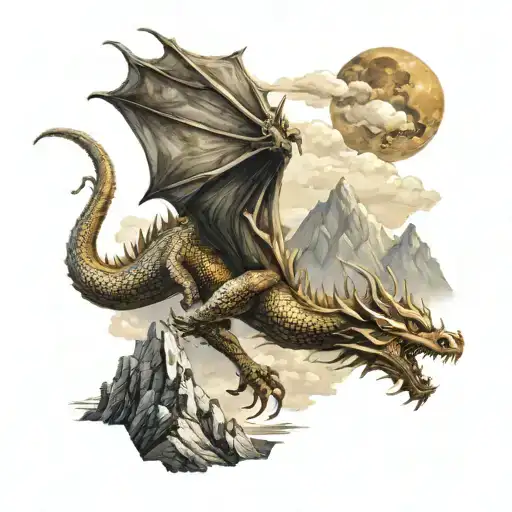 a beautiful golden dragon in the European style flying over mountains  tattoo design idea