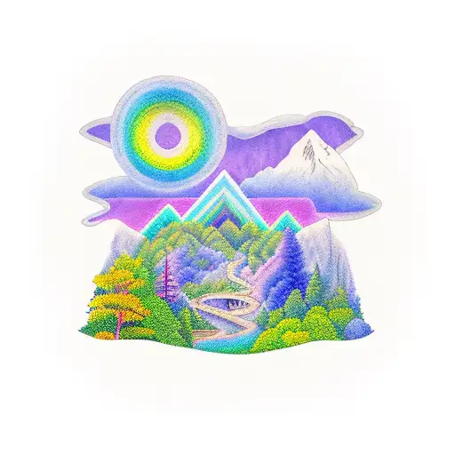 A mesmerizing tattoo featuring a serene forest landscape with a hidden LGBT+ pride flag subtly integrated into the scenery tattoo design idea