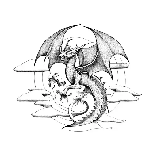 A dotwork tattoo featuring a dragon in flight, with its wings formed by musical staff lines and notes, and the Triforce symbol incorporated in the design. tattoo design idea