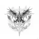 A dotwork tattoo featuring a dragon in flight, with its wings formed by musical staff lines and notes, and the Triforce symbol incorporated in the design. tattoo design idea