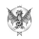 A dotwork tattoo featuring a dragon in flight, with its wings formed by musical staff lines and notes, and the Triforce symbol incorporated in the design. tattoo design idea