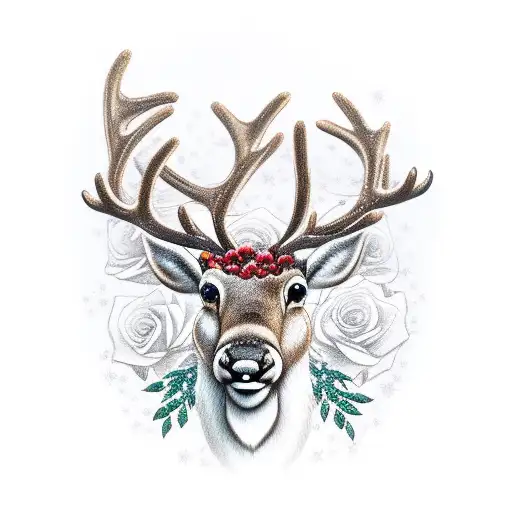 reindeer with frozen roses around it tattoo design idea