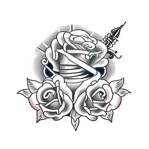 A traditional tattoo of a vintage sewing machine with roses entwined around the needle tattoo design idea