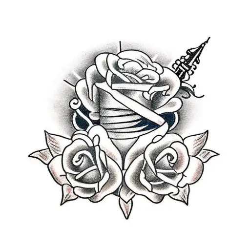 A traditional tattoo of a vintage sewing machine with roses entwined around the needle tattoo design idea