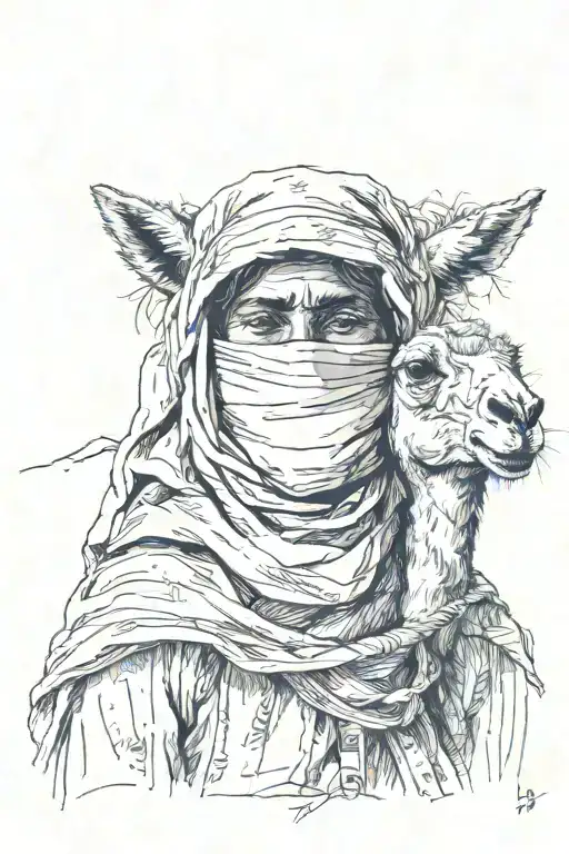 a berber woman, with his face masked but we can see his eyes, riding a lama tattoo design idea