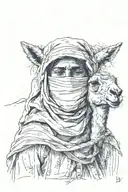 a berber woman, with his face masked but we can see his eyes, riding a lama tattoo design idea