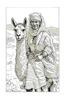 a berber woman, with his face masked but we can see his eyes, riding a lama tattoo design idea