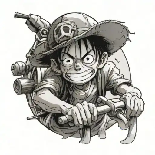 A detailed portrait of Luffy wearing a helmet and riding a bicycle tattoo design idea
