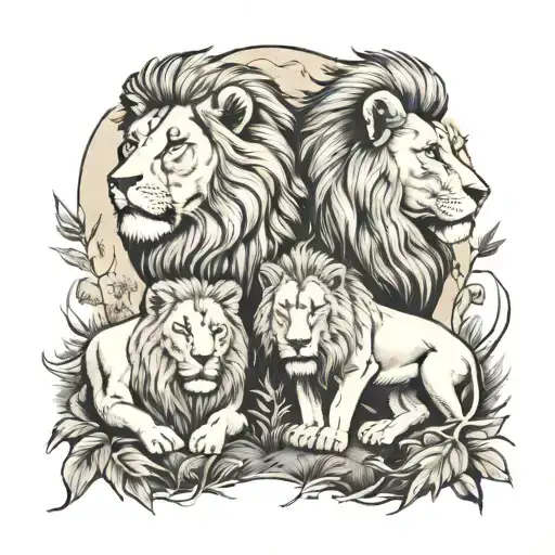 lions family in wilderness scene tattoo design idea