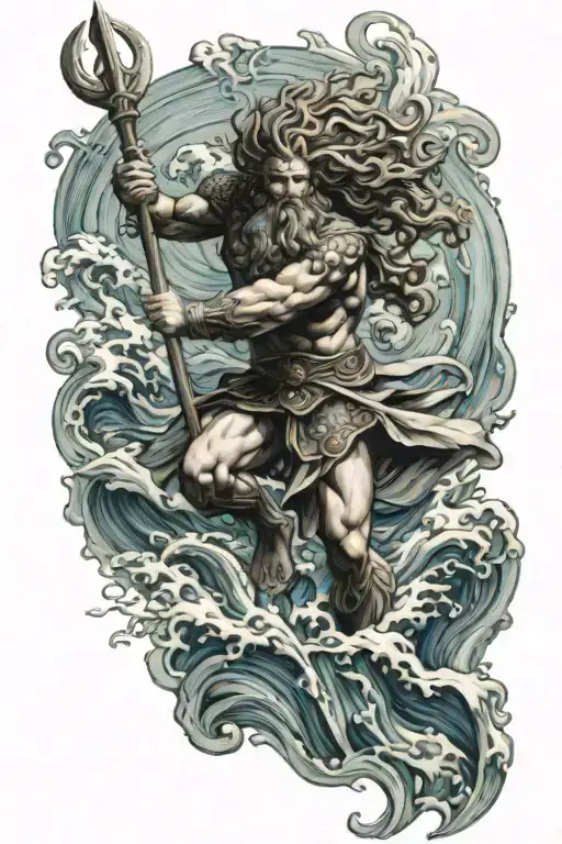 Poseidon, the god of the sea, pulls up his trident, and waves surround him tattoo design idea