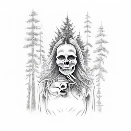 skull in forest with girl wearing animal in forest  tattoo design idea