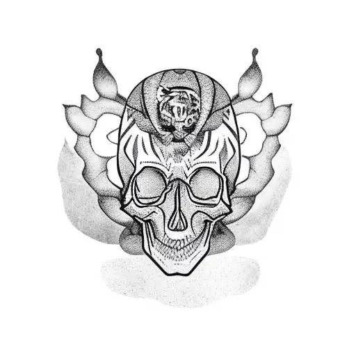 skull in forest above girl wearing a tigers head in forest  tattoo design idea