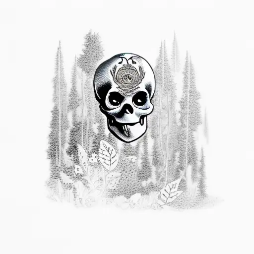 skull in forest above girl wearing animal in forest  tattoo design idea