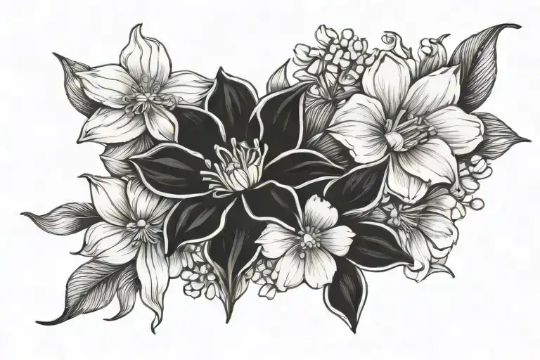 Violet, daisy, rose, narcissus close together tattoo design idea