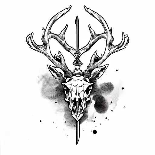 Stag head with sword behind and 4 skulls below tattoo design idea