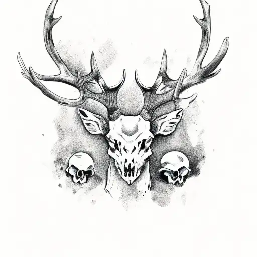Stag head with sword behind, 4 skulls below tattoo design idea