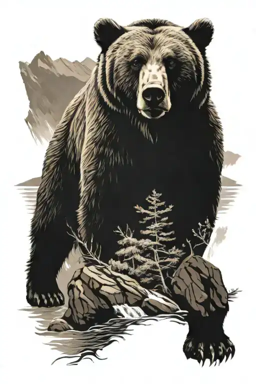 A majestic bear standing on a mountain peak, with a river flowing below, representing strength and resilience tattoo design idea