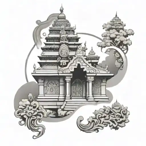 hindu temple with background of himalyas and ornamental surrounding  tattoo design idea