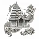 hindu temple with background of himalyas and ornamental surrounding  tattoo design idea
