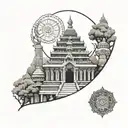 hindu temple with background of himalyas and ornamental surrounding  tattoo design idea