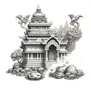 hindu temple with background of himalyas and ornamental surrounding  tattoo design idea