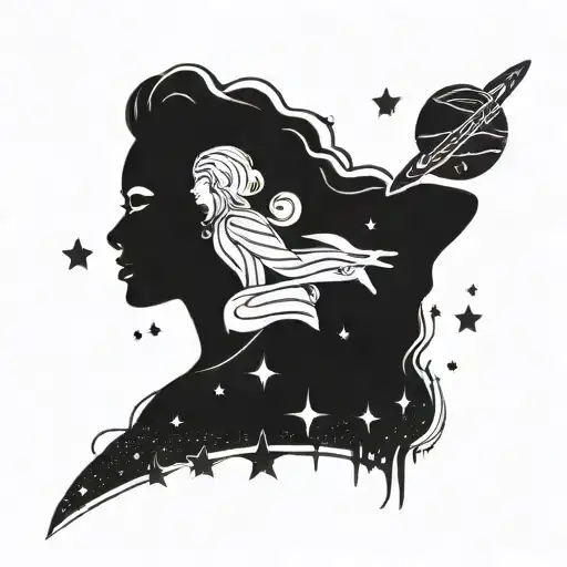 A celestial-themed tattoo featuring Beyonce's silhouette against a backdrop of stars and planets, blending music and space elements tattoo design idea