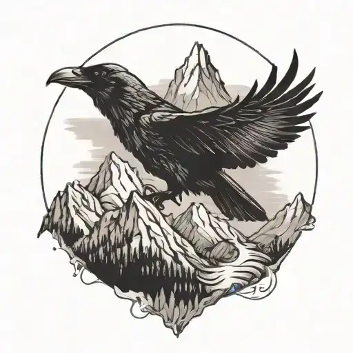 A majestic raven soaring over a mountain range tattoo design idea