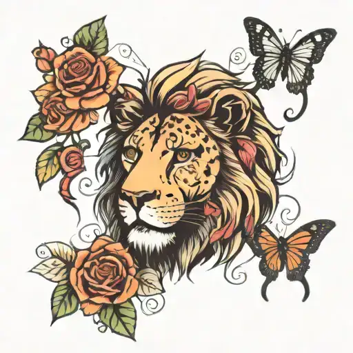lion face with roses and butterflies and claw mark tattoo design idea