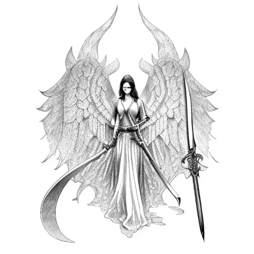 Dotwork "Angel With Sword" Tattoo Idea - BlackInk AI