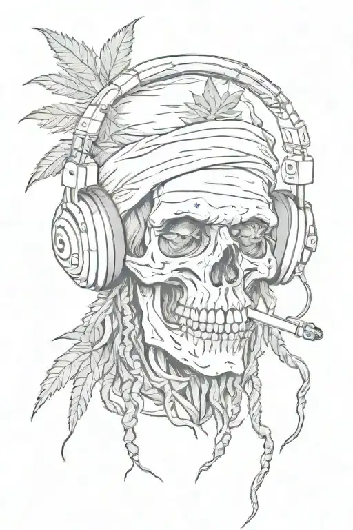 Rasta skull wearing headphones smoking weed, cannabis leaves in the background tattoo design idea