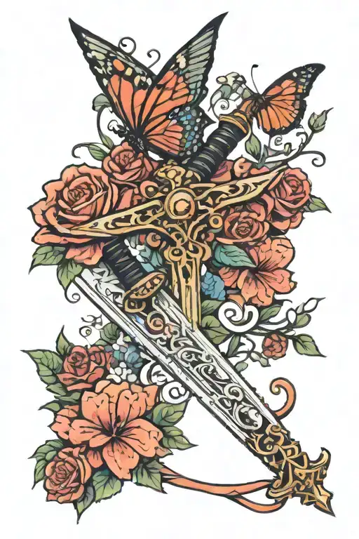 sword with flowers and butterflies flying tattoo design idea