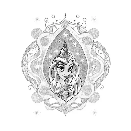 A blackwork tattoo inspired by the Disney movie Tangled, depicting Rapunzel's hair forming intricate patterns and shapes, intertwined with stars and lanterns. tattoo design idea