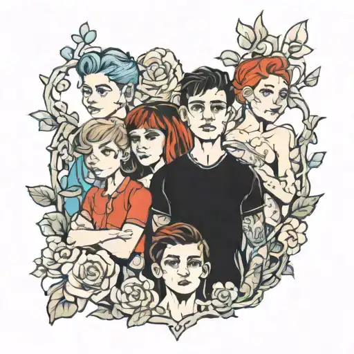 3 siblings 2 boys with 1 girl in the middle surrounded tattoo design idea