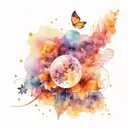 universe with planets, stars and very small and delicate butterflies tattoo design idea