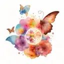 universe with planets, stars and very small and delicate butterflies tattoo design idea