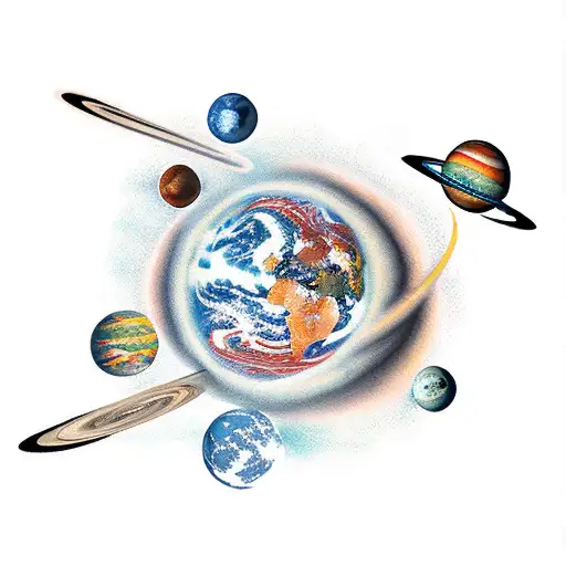 parade of planets lined up.  tattoo along the spine tattoo design idea