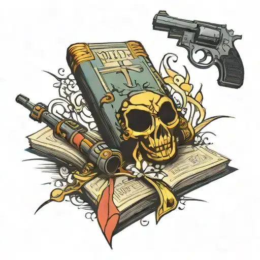 history books and a black widow spider and a handgun tattoo design idea