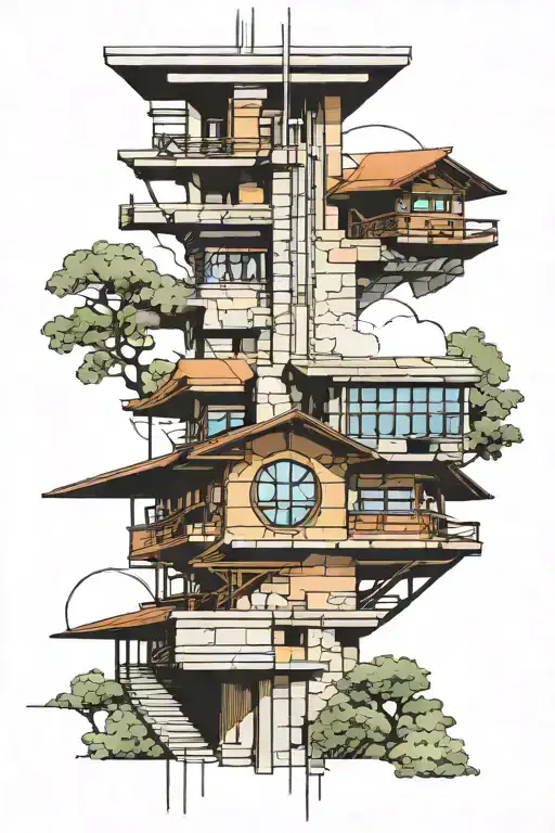 multiple Frank Llyod Wright architecture buildings and elements tattoo design idea